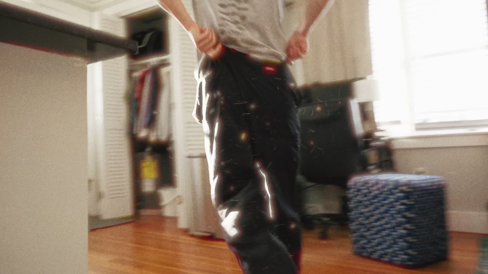 Getting ready to leave in a sunlit interior
